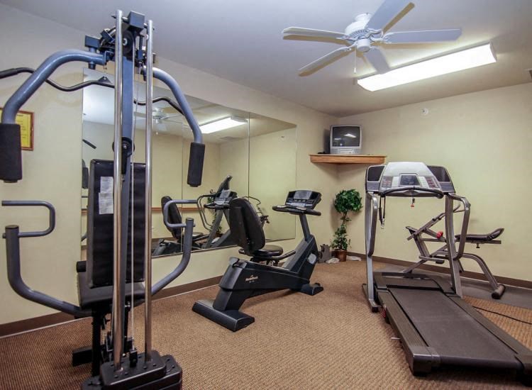 a gym with exercise equipment and a ceiling fan