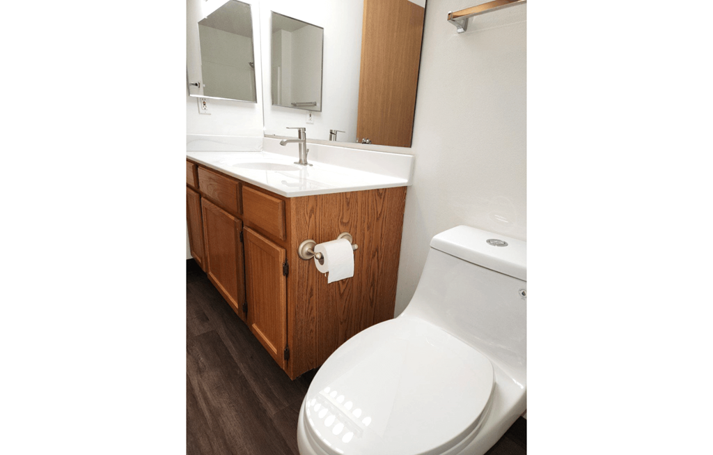 a bathroom with a toilet sink and mirror