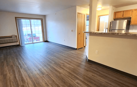 an empty living room with a sliding glass door leading to a balcony