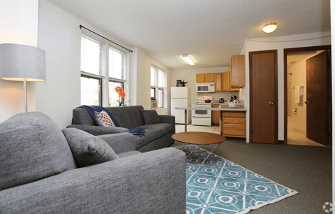 A grey couch with a blue throw pillow sits in a living room with a kitchen in the background.