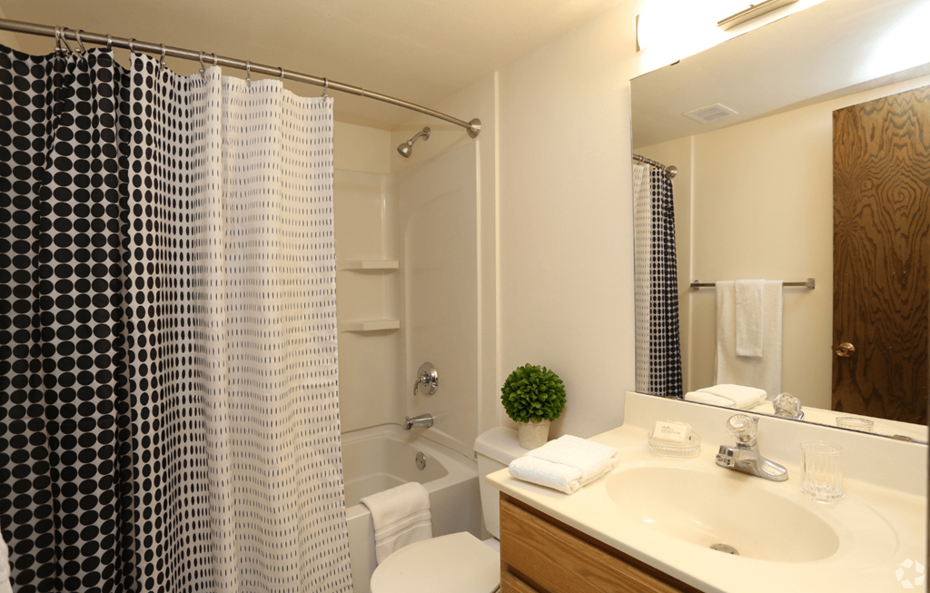 A bathroom with a shower curtain, toilet, sink, and mirror.