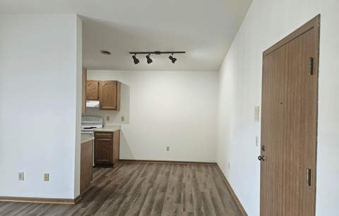 A room with a wooden floor and a wooden door.