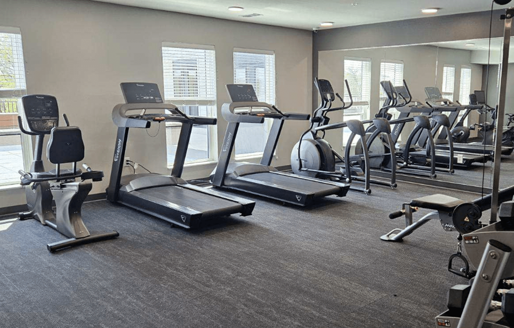 a row of treadmills and other exercise equipment in a gym