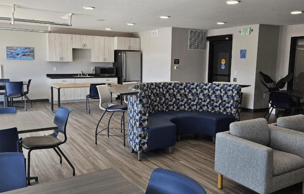 a living room with a couch and chairs and a kitchen