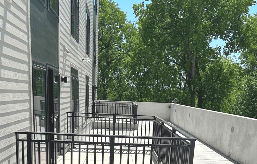 a view of the balcony from the back of the building