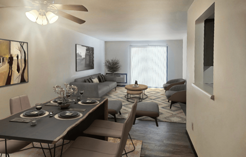 A modern dining room with a long table set for six.