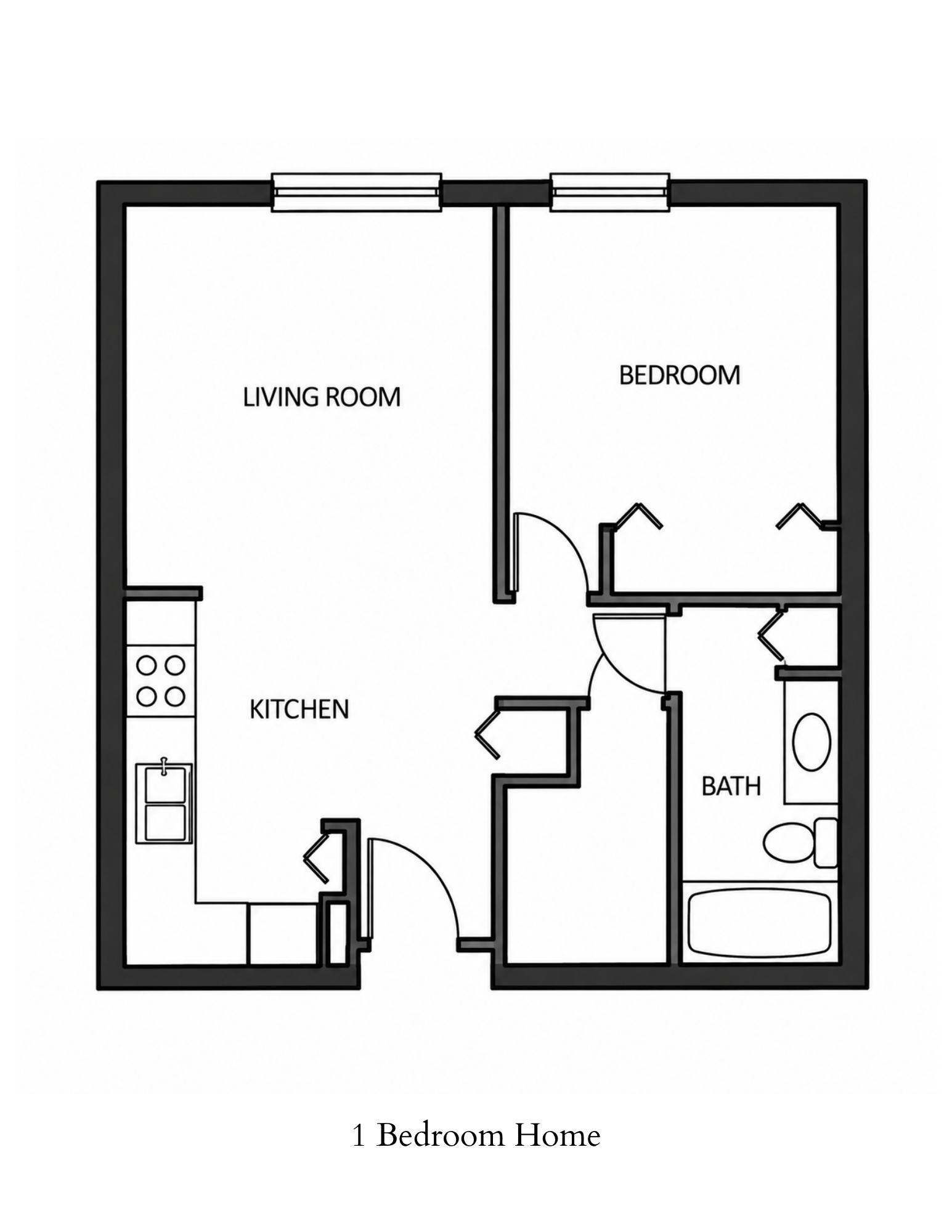 A black and white drawing of a 1 Bedroom Home.