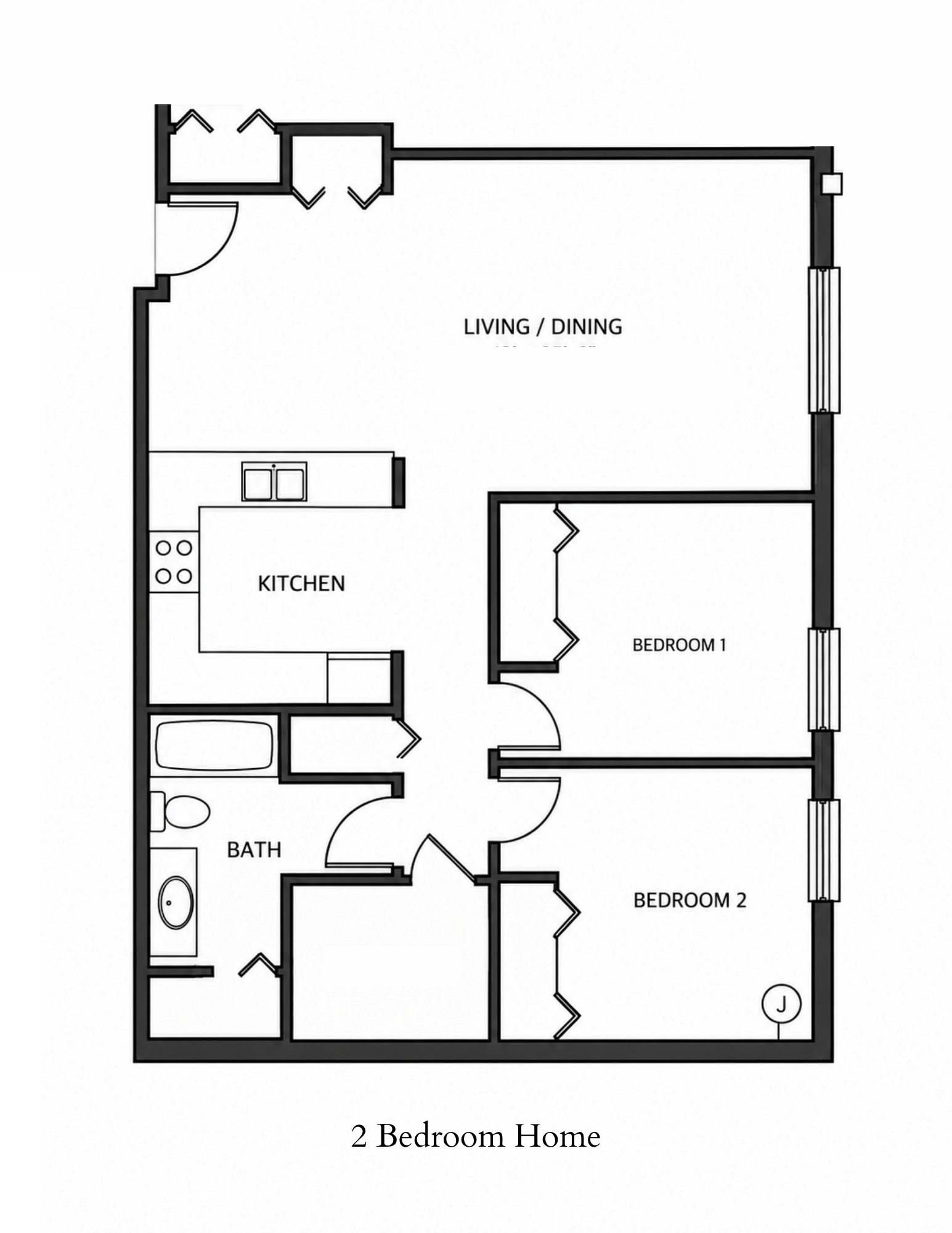 A black and white drawing of a 2 bedroom home.