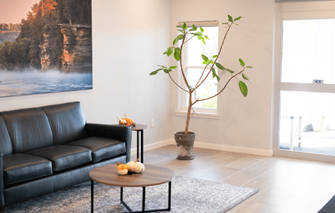 A living room with a black leather sofa, a small table with a plant on it, and a large landscape painting on the wall.