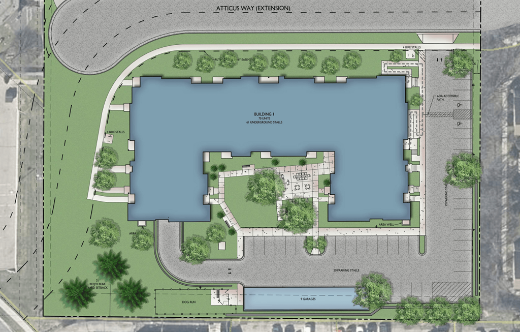 a site plan for a park with a lake and trees