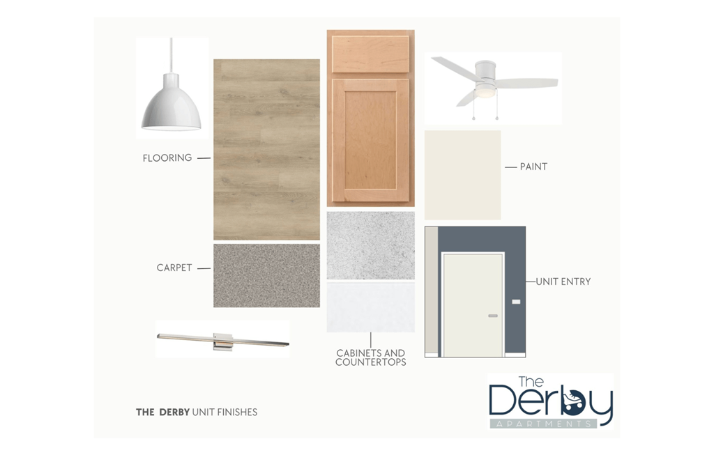 a design plan for a hallway with gray and white walls and wood flooring