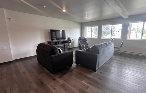 A living room with a television and two couches.