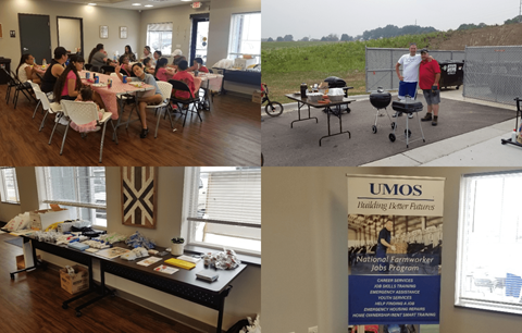a collage of photos with people sitting at tables and a table with food on it