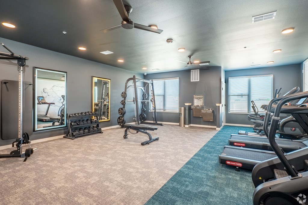 A spacious gym with treadmills, weights, and exercise equipment.