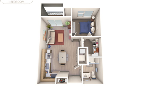 a floor plan of a 1 bedroom floor plan with roommates