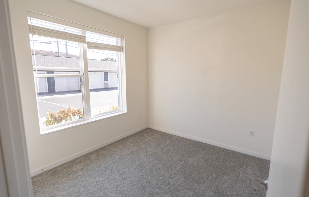 an empty bedroom with a large window and carpeting