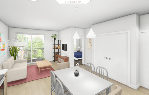 a rendering of a living room and dining room with a white table