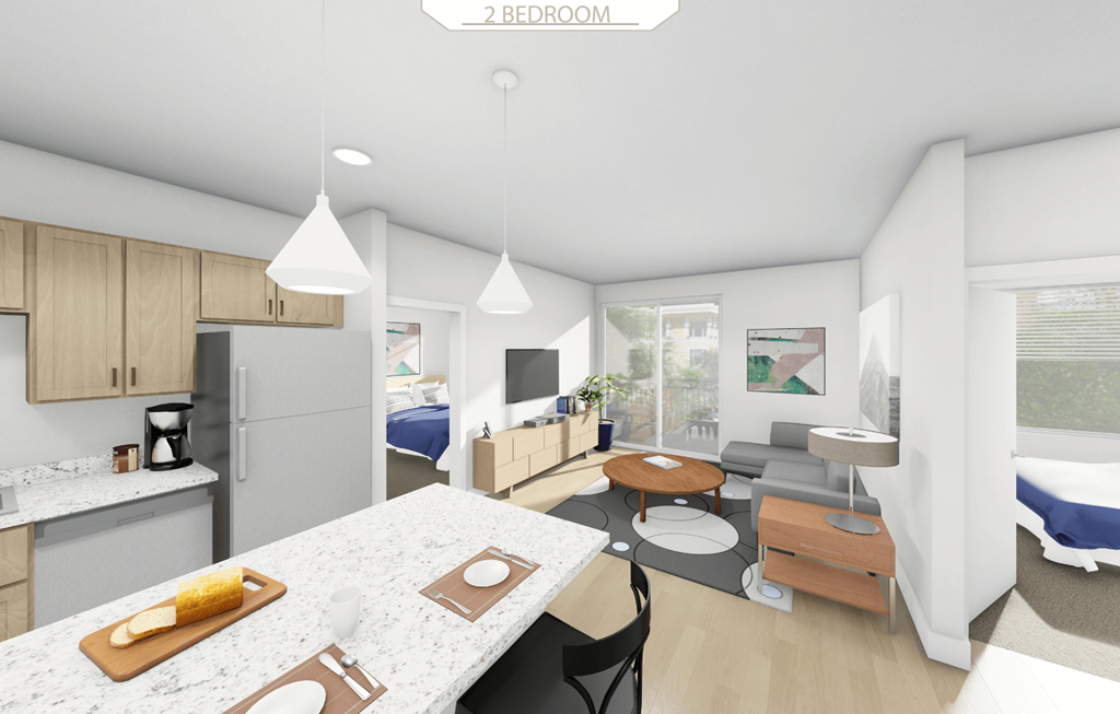 a rendering of a kitchen and living room in an apartment