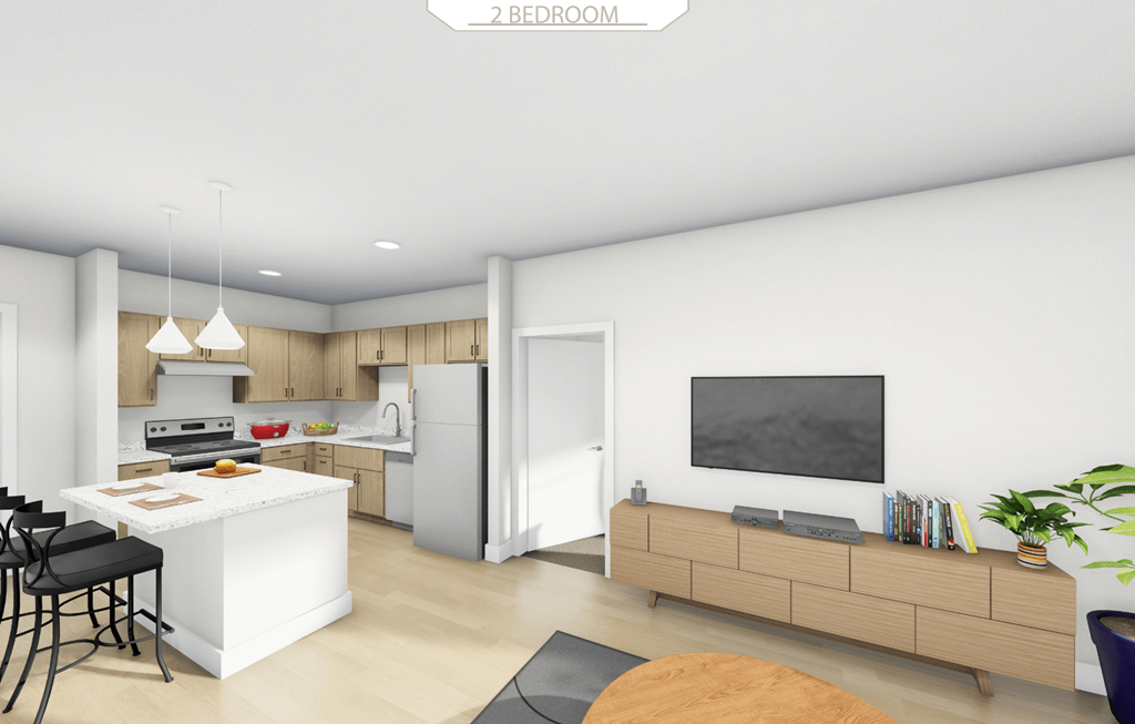 a rendering of a kitchen and dining room with a table and chairs