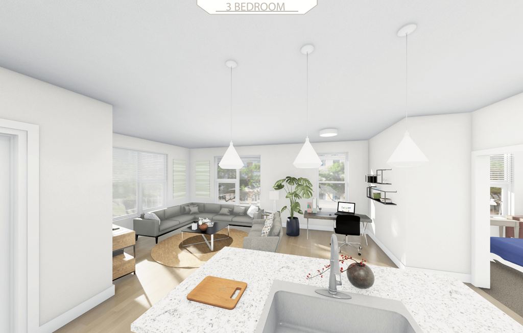 a rendering of a living room and dining room in a house