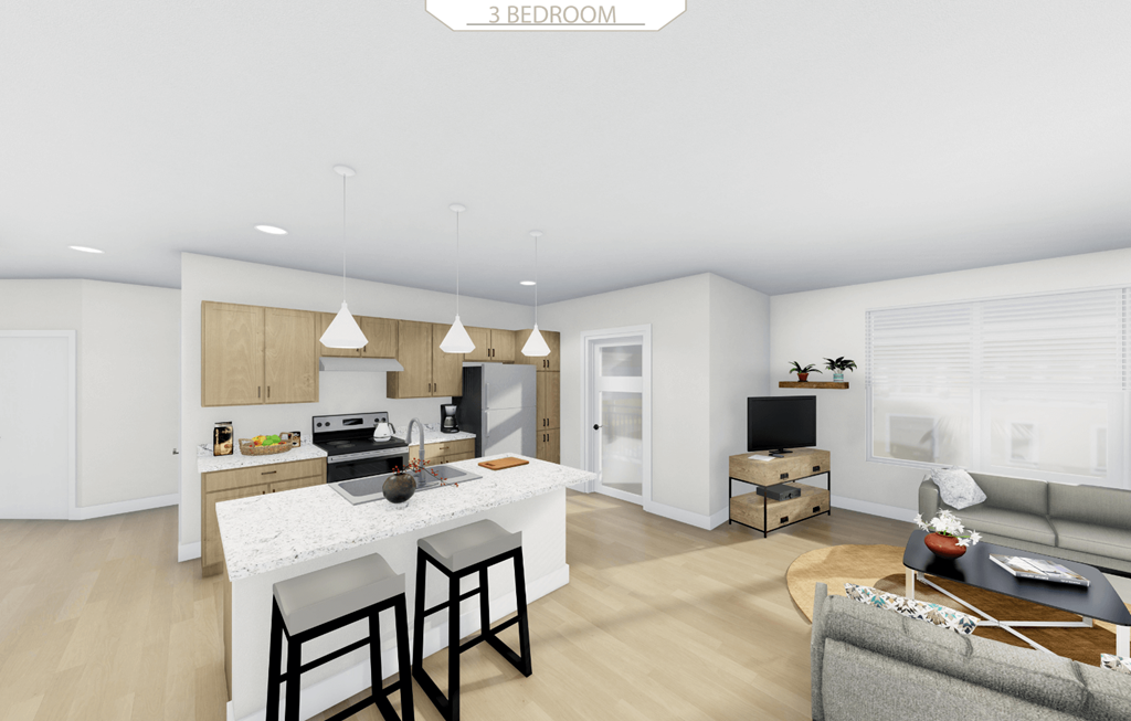 a rendering of a kitchen and living room in an apartment