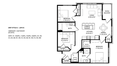 A black and white image of a floor plan for a 3 bedroom, 2 bathroom home.