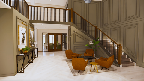 A living room with a staircase and a dining table.