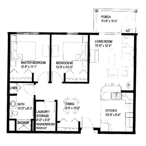 A floor plan of a house with a porch, living room, two bedrooms, a bath, laundry/storage, a dining area, a kitchen, and a shower/washer/dryer.