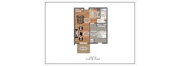 A floor plan of a unit named "UNIT A" showing a kitchen, dining area, bedroom, and bathroom.