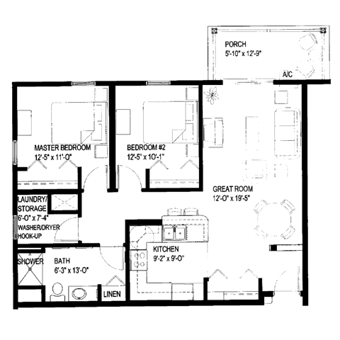 A floor plan of a house with a laundry/storage area, two bedrooms, a great room, a kitchen, a bathroom, and a porch.