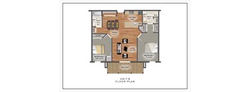 A floor plan of Unit B showing a living room, two bedrooms, a bathroom, a kitchen, a dining room, and a balcony.