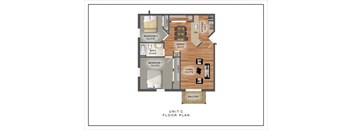 A floor plan of a unit with two bedrooms, a living room, a dining room, a kitchen, and a balcony.