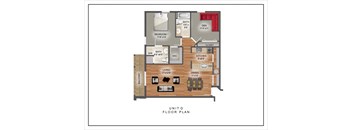 A floor plan of a unit showing a living room, dining room, kitchen, two bedrooms, a bathroom, and a balcony.