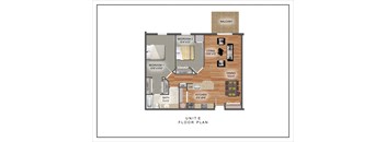 A floor plan of a unite showing a balcony and a kitchen.