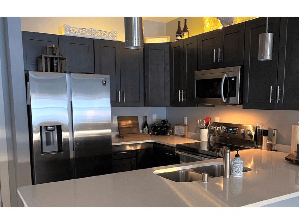 a kitchen with black cabinets and stainless steel appliances