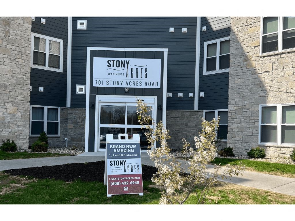 a building with a sign in front of it