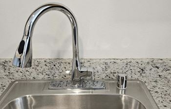A stainless steel kitchen sink with a chrome faucet.