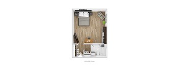 A floor plan of a small apartment with a bed, desk, and kitchenette.