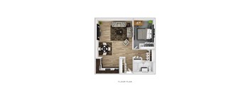 A floor plan of a small apartment with a living room, kitchen, and bedroom.