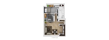A floor plan of a house with a living room, kitchen, and bathroom.