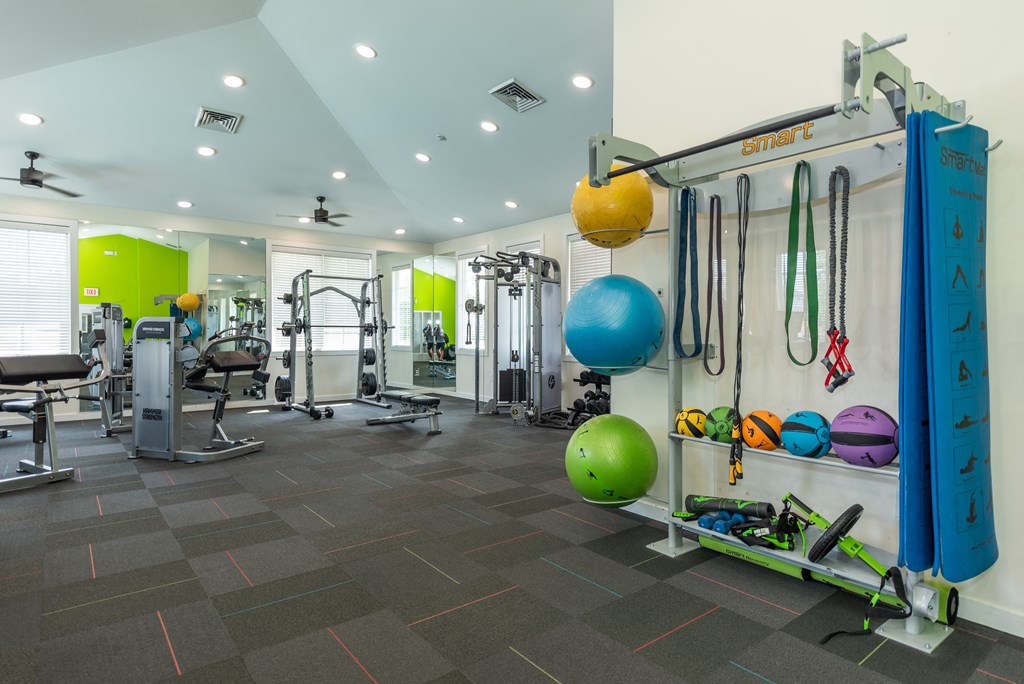 a gym with weights and cardio equipment at the flats