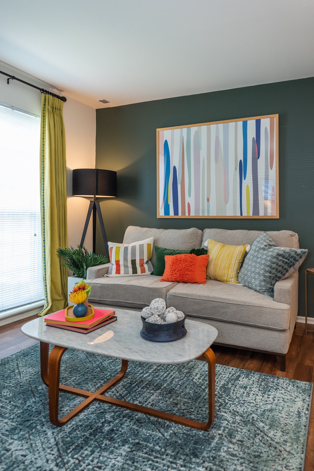 a living room with a couch and a coffee table