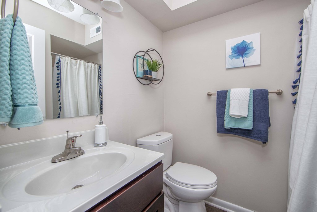 bathroom with single sink counter and toilet in Brittany Place Apartments in Norfolk VA