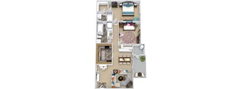 A floor plan of a house with a kitchen, living room, and bathroom.
