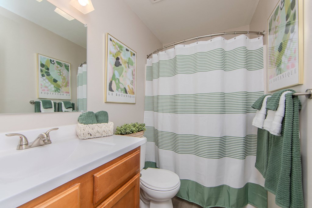 A bathroom with a white sink, toilet, and green and white striped shower curtain.