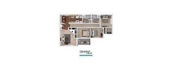 A floor plan of a home with a living room, dining room, kitchen, and two bedrooms.