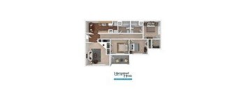 A floor plan of a home with a living room, dining room, kitchen, and two bedrooms.