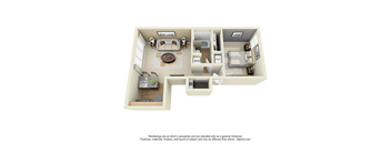 A 3D floor plan of a house with a kitchen, living room, and bathroom.