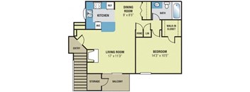 A floor plan of a home showing a living room, dining room, kitchen, and bedroom.