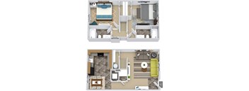 two dimensional floor plan of a bedroom with a bathroom and a living room